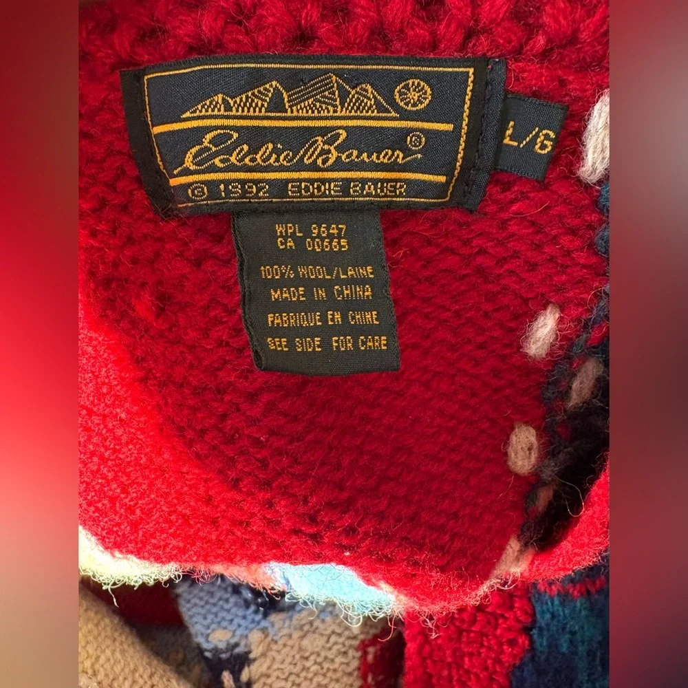 Vintage 1992 🇺🇸 EDDIE BAUER 100% Wool Knit Americana Graphic Sweater Vest large - Picture 3 of 3